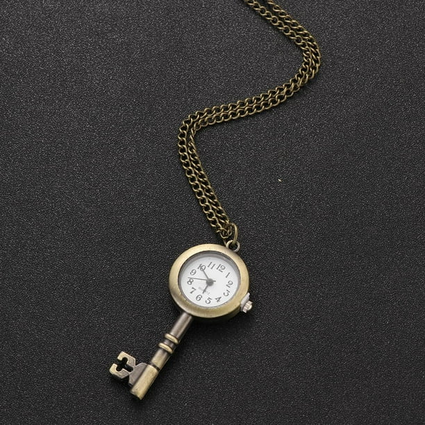 Vintage Retro Bronze Quartz Pocket Watch Pendant Chain Necklace Watches Key Shape