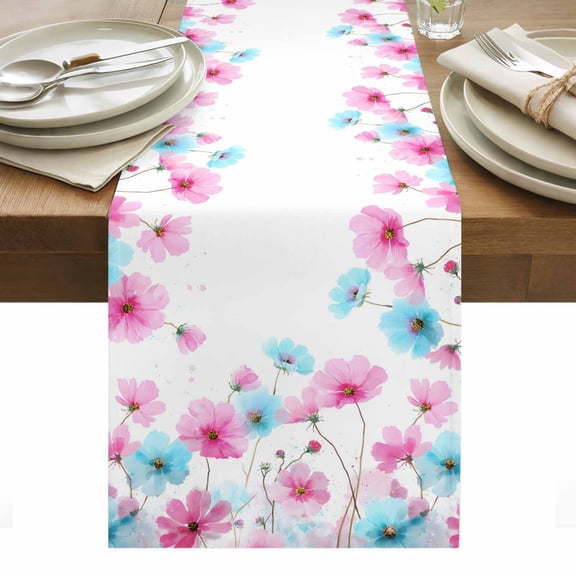 Blue Pink Flowers Table Runner - 120 Inch Long, Kitchen Dining Table Runner Dresser Scarves, Spring Garden Floral Watercolor Farmhouse Decor for Coffee Tables Wedding Party Banquet