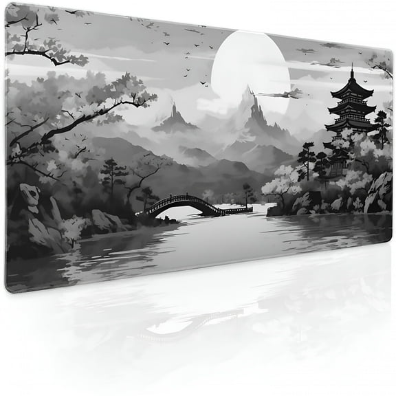 LAMIRO Black Gray Japanese Sakura Gaming Mouse Pad Grey Cherry Blossom Tower Mountain Aesthetic Extended Desk Mat Big Mousepad Non-Slip Rubber Base Stitched Edge Mousepad for Office,35.4x15.7in