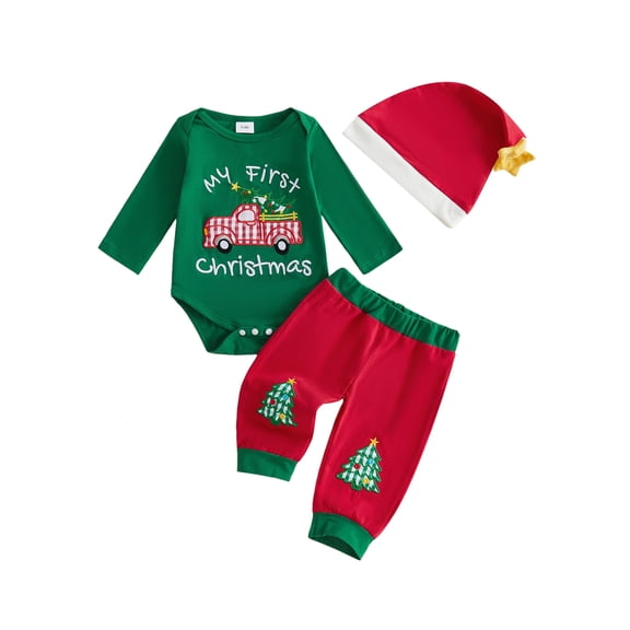 RUINIXCW Baby Christmas Outfit Crew Neck Long Sleeve Romper Pants and Hat 3 Pcs Set