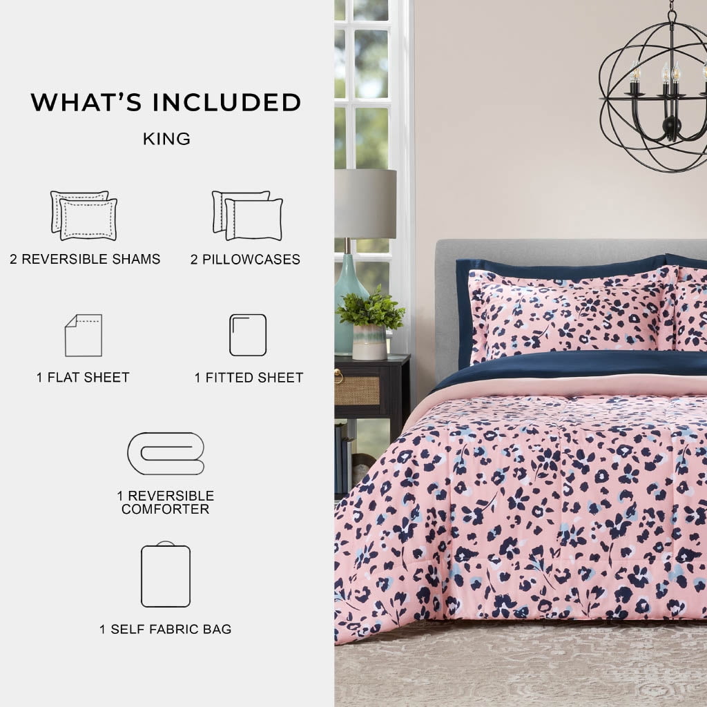 Mainstays All in One Reversible Comforter and Sheet Set- 7 Piece, King, Pink Animal Print