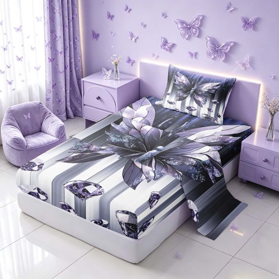 Homewish Glowing Butterfly Twin Sheets for Girls, Bling Stars Diamonds Bedding, Blue White, 3-Piece (1 Flat Sheet, 1 Fitted Sheet and 1 Pillowcase)