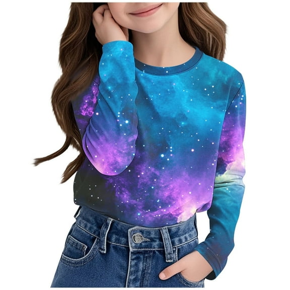 Juslio Girl Shirts Graphic Tees Long Sleeve Round Neck Print Kids Clothing Fashion Tops Casual Girls and Boys Shirts