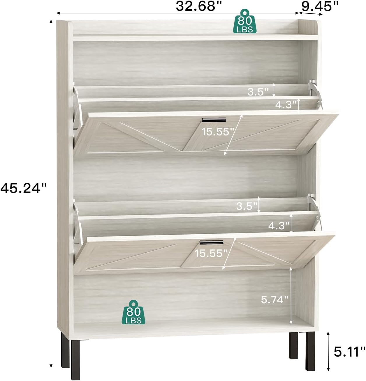 Vinform Farmhouse Shoe Storage Cabinet with 2 Flip Drawers for Entryway, Slim Wood Shoe Cabinet, Freestanding Narrow Shoe Rack Organizer with Metal Legs for Hallway Living Room (Gray)