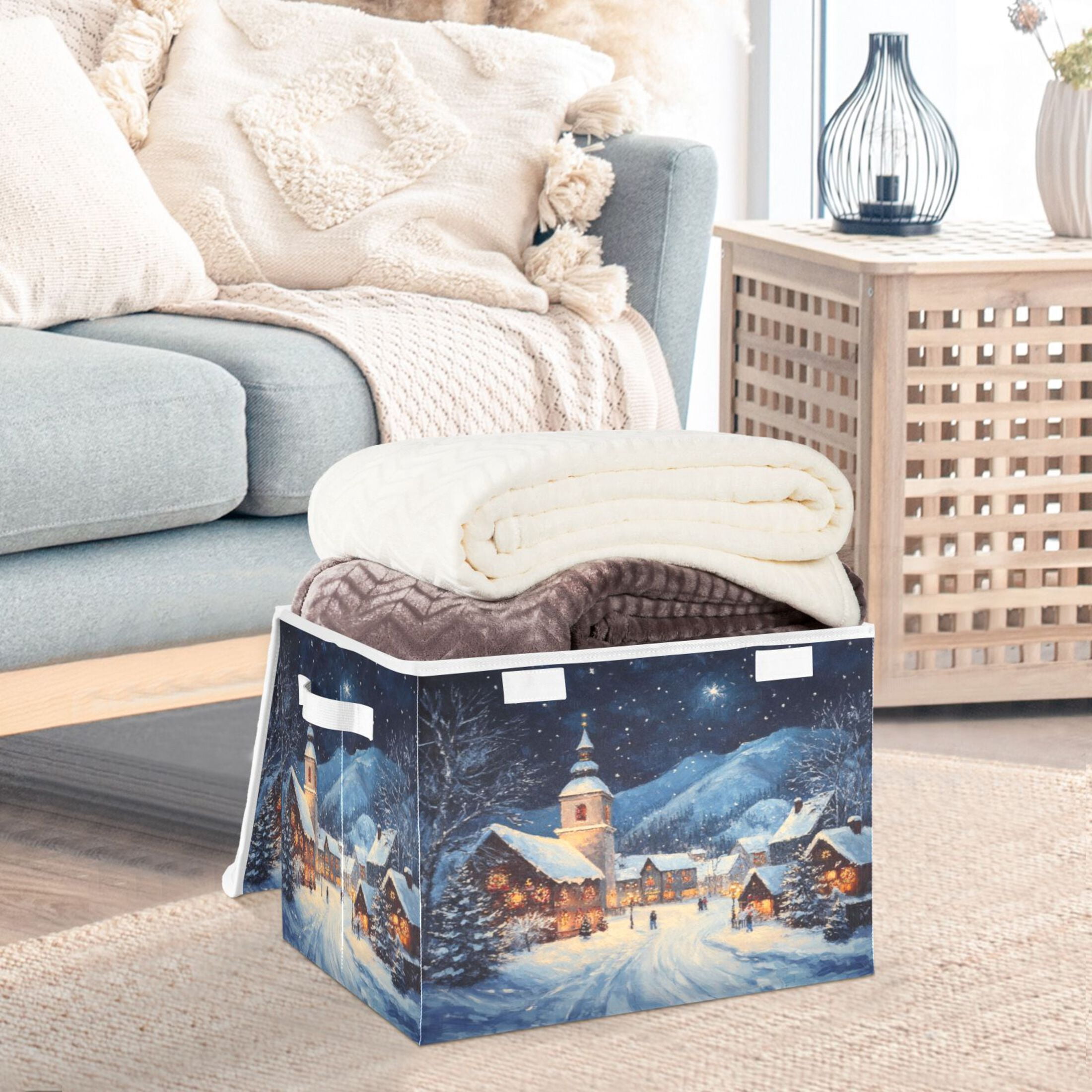 Storage Box With Lid 16.5x12.6x11.8In Foldable Stacked Household Storage Box Christmas Snow Picture