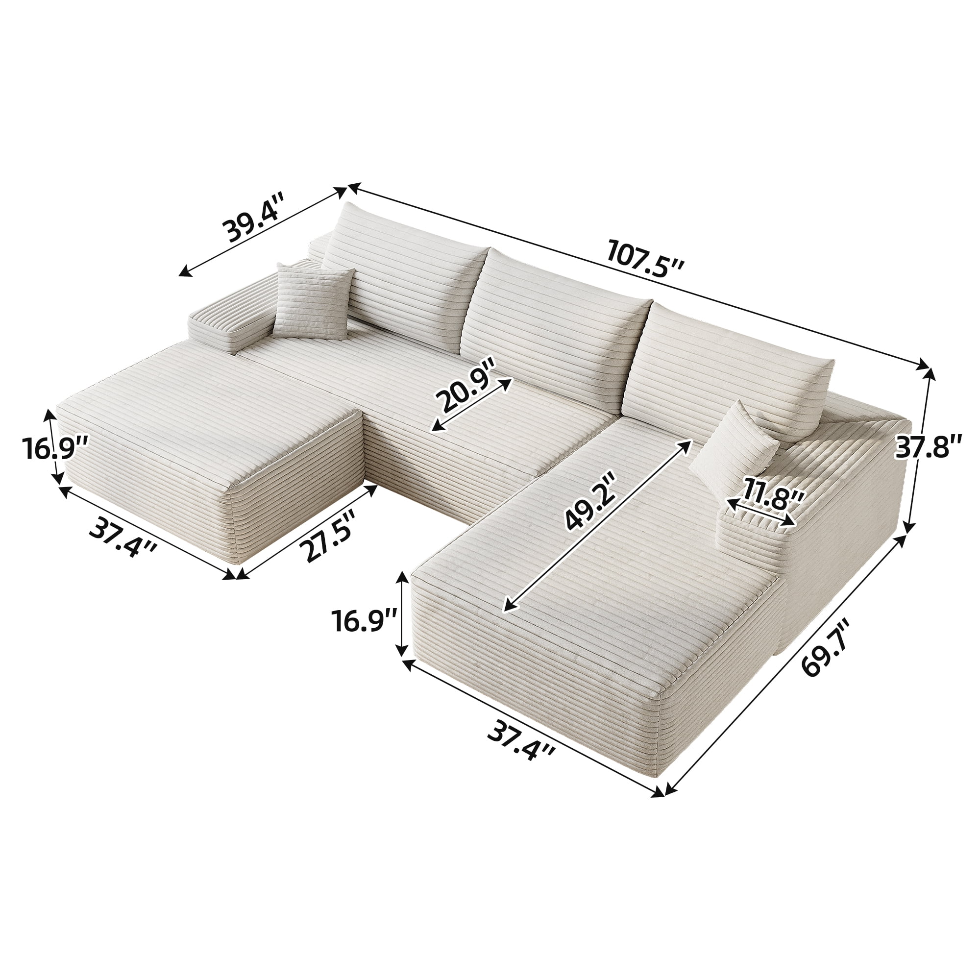 MAYEERTY 107" Cloud Sectional Sofa with 1 Ottoman, Modern Minimalist U-Shaped Deep Seat Couch, No Assembly Plush Corduroy Fabric, White (3 packages)