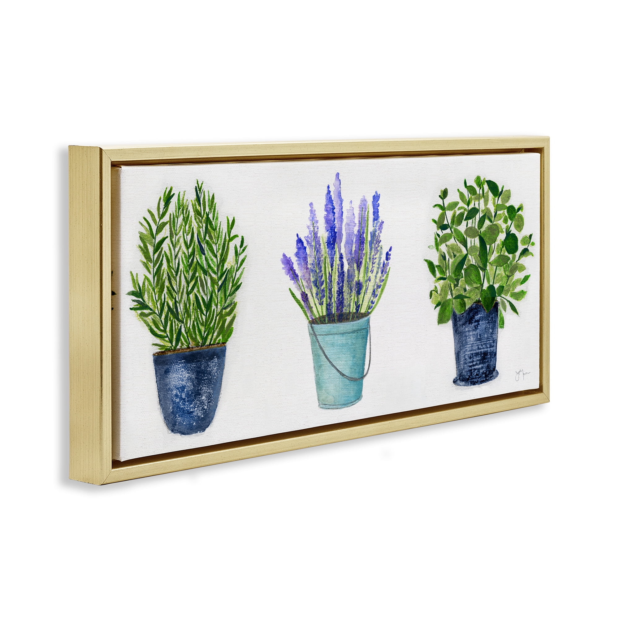 Stupell Industries Varied Potted Plants & Herbs Botanical & Floral Painting Gold Floater Framed Canvas Art Print Wall Art, 31 x 14