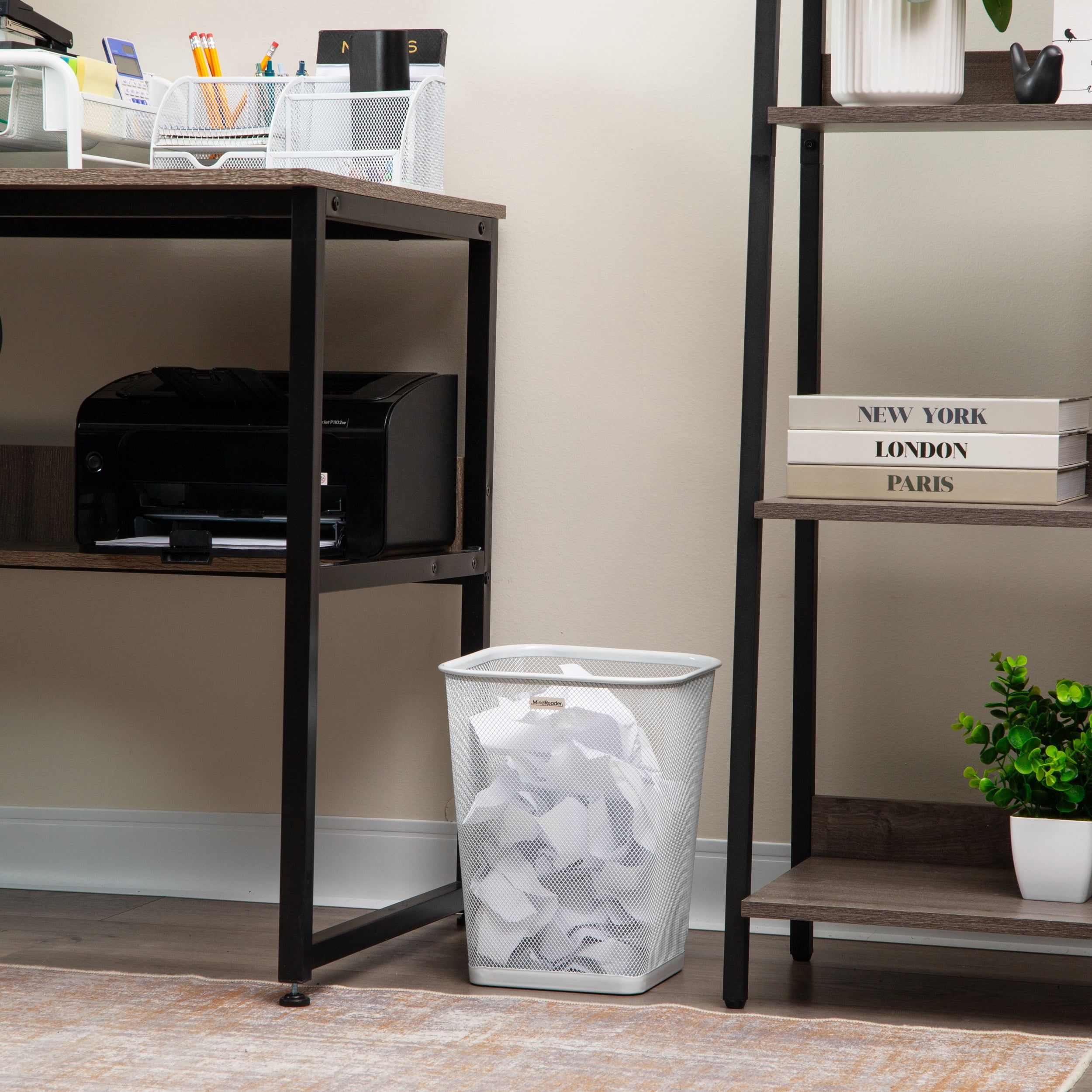 Mind Reader Mesh Trash Can, Waste Paper Basket, Square, Office, Metal, Set of 2, White