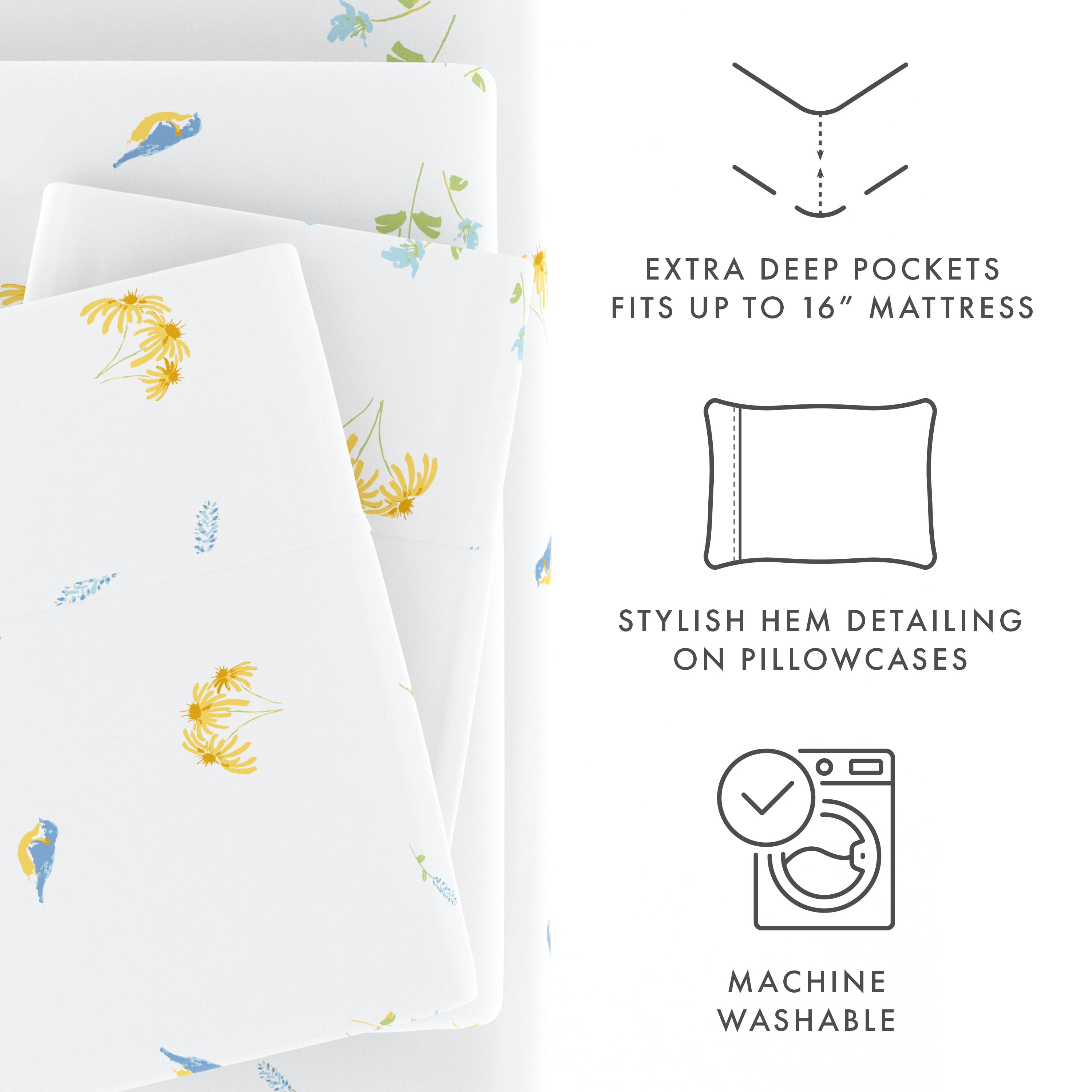 Noble Linens 4 Piece Pattern Microfiber Bed Sheets Set, Light Blue Bluebirds, California King