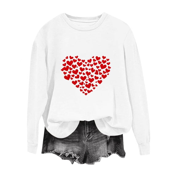 Valentines Sweatshirt for Women Funny Love Heart Graphic Shirts Casual Crewneck Holiday Pullover Long Sleeve Tops (XXL, White)