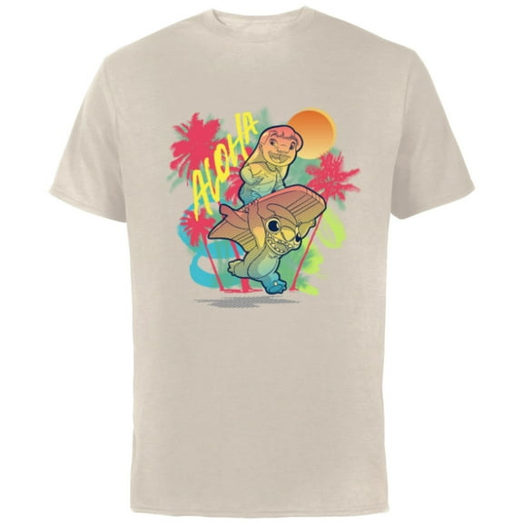 Disney Lilo & Stitch Beach Vibes Sunny Surfing Aloha - Short Sleeve Cotton T-Shirt for Adults - Customized-Natural