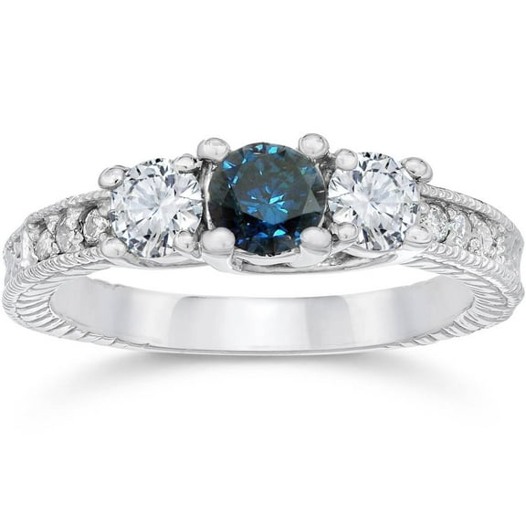 Pompeii 1ct Vintage Blue Diamond 3-Stone Engagement Ring 14K White Gold (G/H,I1-I2)