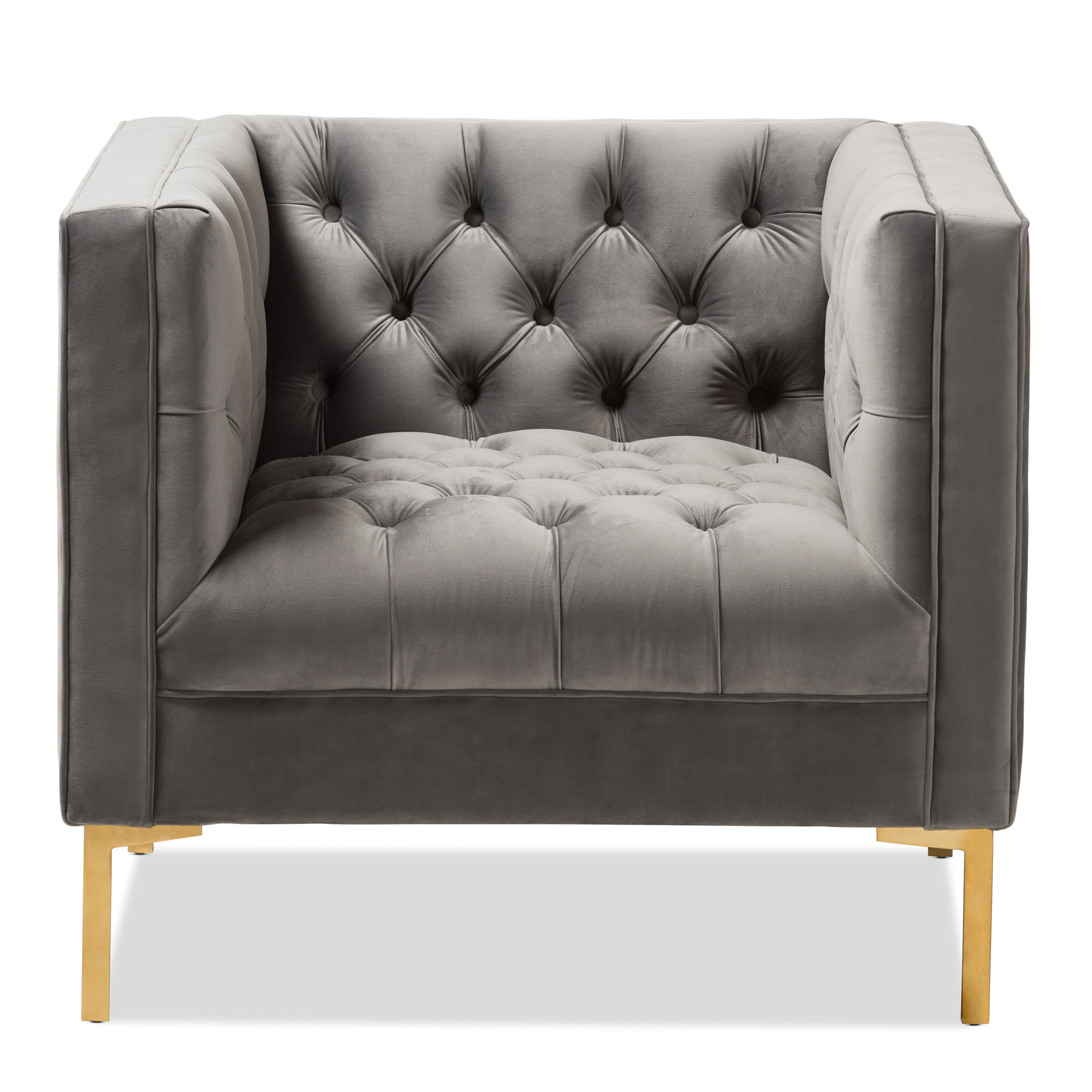 Zahir Luxe and Glamour Grey Velvet Upholstered Gold Finished Lounge Chair by Ember Interiors