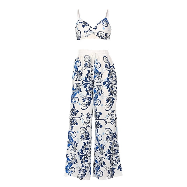 Women Two-Piece Clothes Set Butterfly Printed Halter Crop Tops and Loose Pants Holiday Beach Wear
