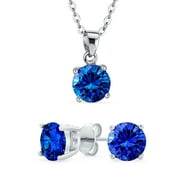 Simple Delicate 2CT Solitaire Round Blue Pendant Stud Earrings Jewelry Set Cubic Zirconia Simulated Sapphire Rhodium Plated .925 Sterling Silver