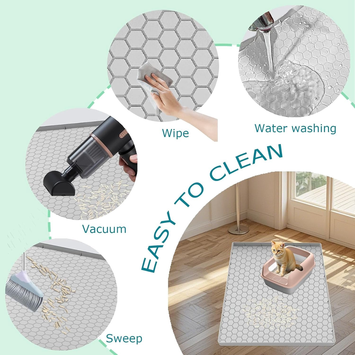 Litter Mat,  Large  Mat for Litter Box - 34x22 in,  & Non-Slip, Durable & Easy Clean, Light Grey