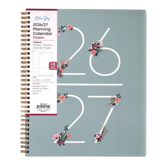 Blue Sky 2026-2027 Weekly and Monthly Academic Year Planner Calendar, July 2026 - June 2027, 8.5" x 11", Flexible Cover, Wirebound, Storage Pocket, Laminated Tabs, Greta