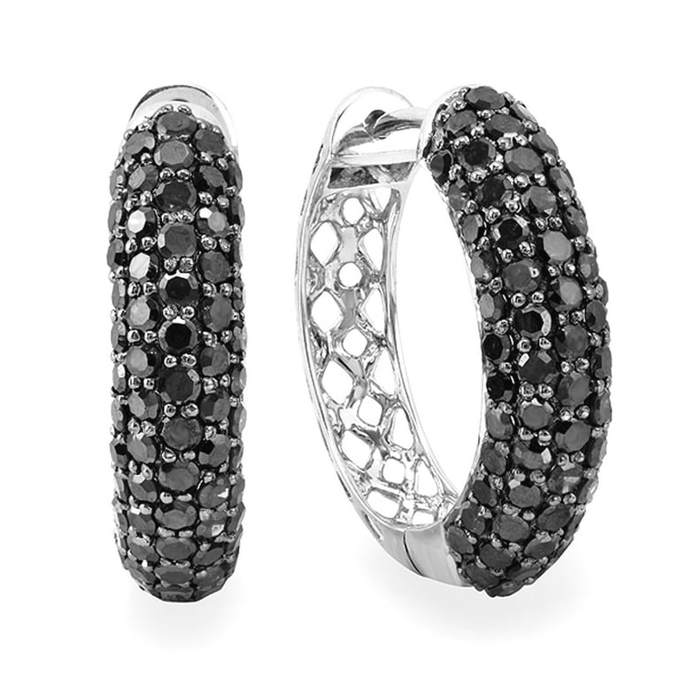 CERTIFIED 3.50 Carat ctw 10K White Gold Round Black Diamond Hoop Earrings