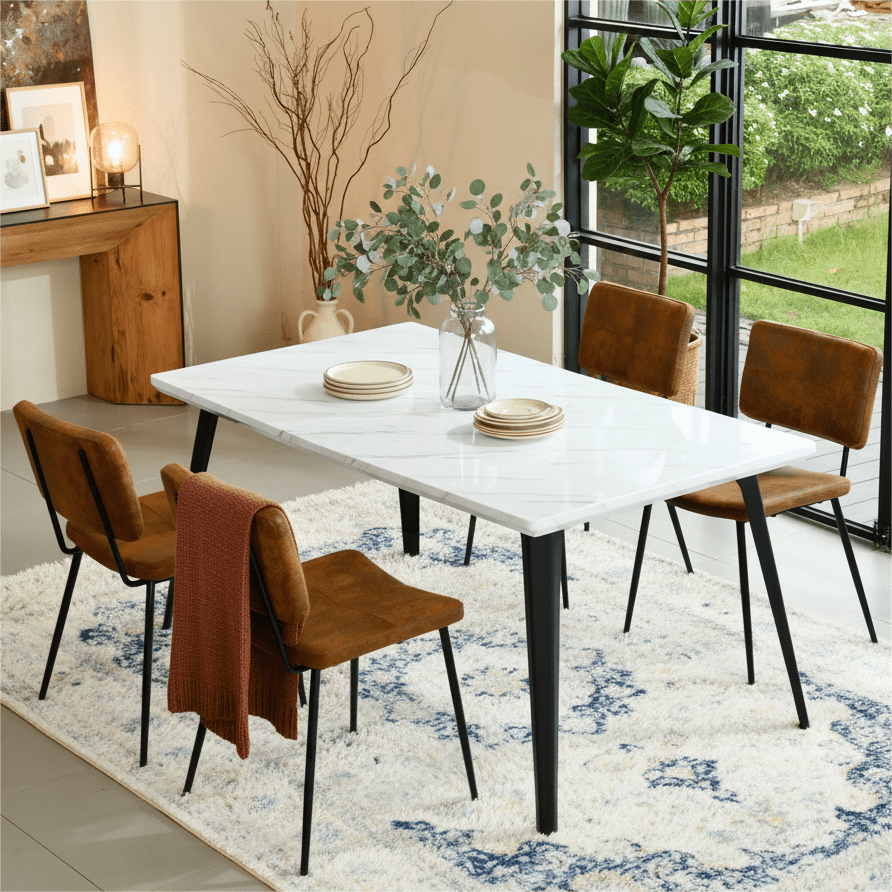 Ensemble de salle à manger industriel 160 cm Homy Casa avec chaises en simili-suède et table en imitation noyer