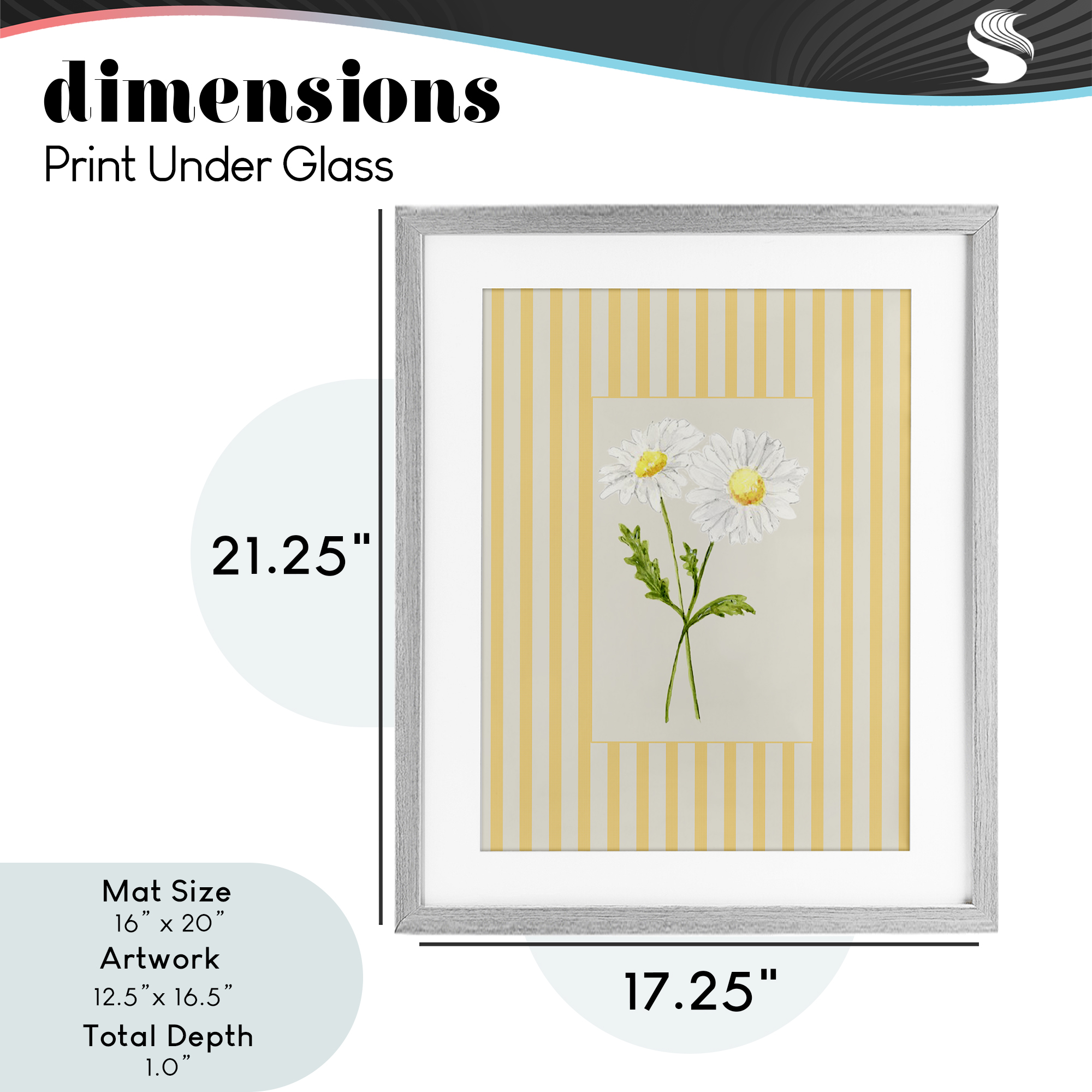 Yellow Stripe Daisy Gray Framed Print Under Glass, design by Lisa Wehmeyer