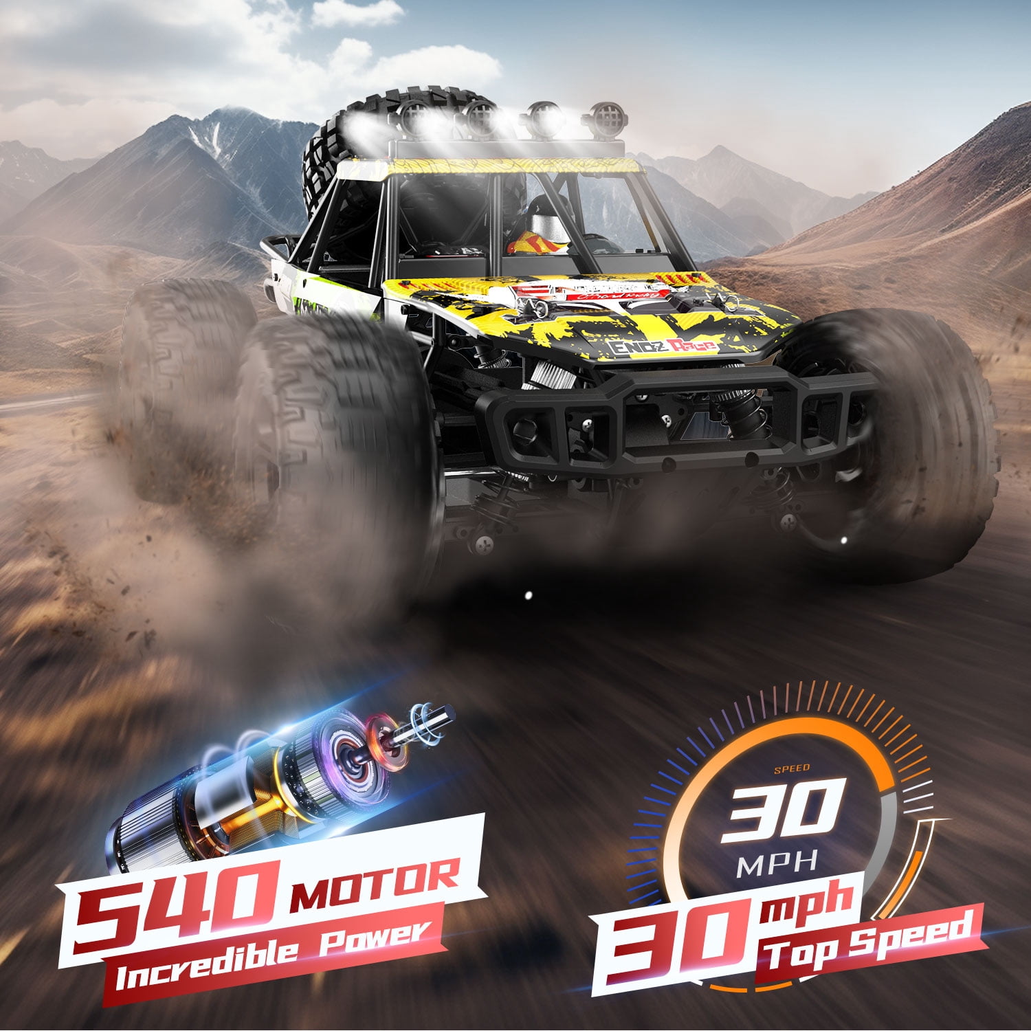 JoyStone 1:10 Large RC Car 35+MPH Hobby Grade Fast RC Truck with Lights, 4WD All Terrain off Road Monster Truck Electric Vehicle with 2 Batteries for Adults Boys, Yellow