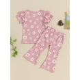 thumbnail image 3 of Niusricy Kids Little Girl Summer Clothes Set 12M 18M 2T 3T 4T 5T Toddler Short Sleeve T-shirt Floral Print Crew Neck Tops with Bell-Bottom Pants Infante Sweet 2 Pcs Outfit for Daily Vacation, 3 of 8