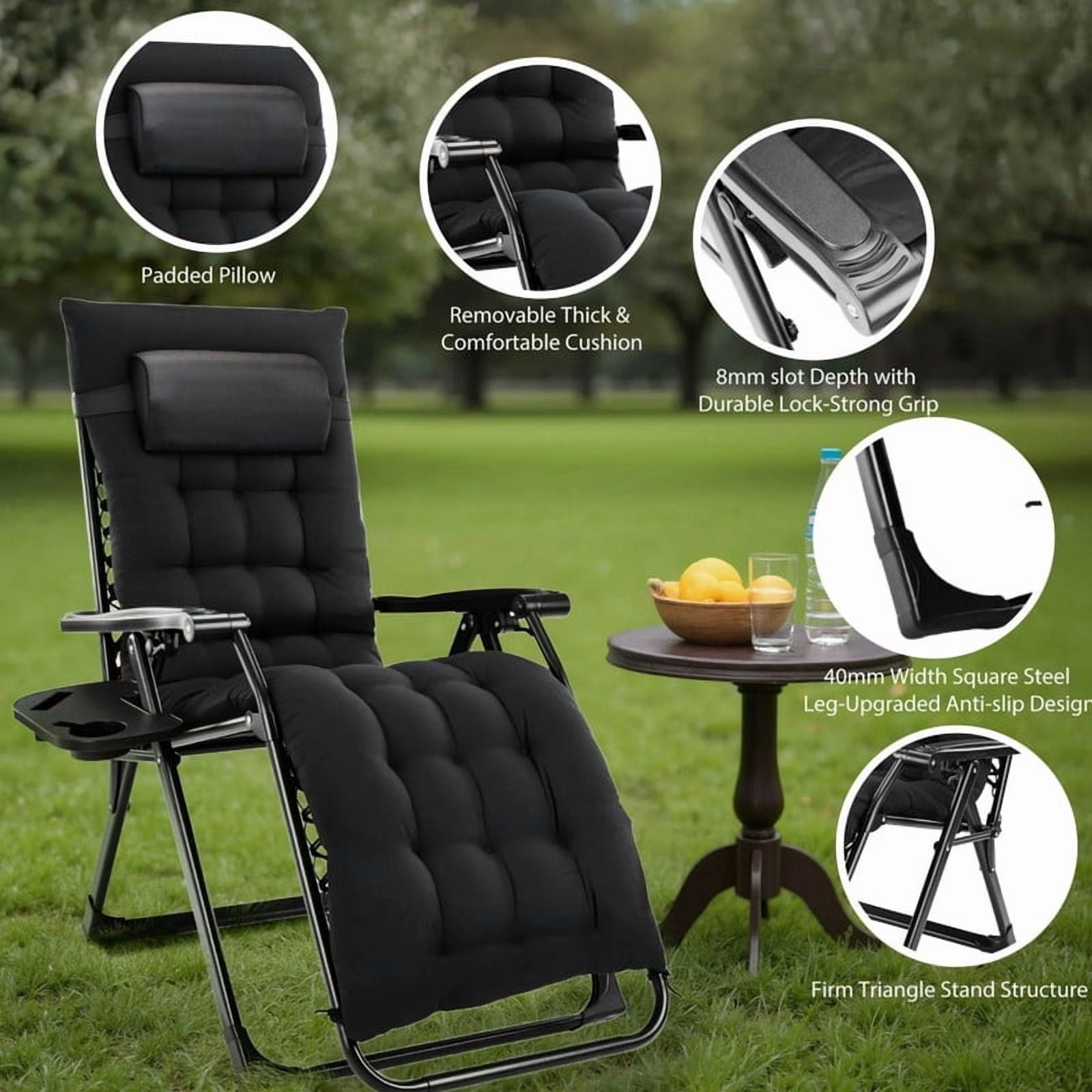 Kelno Padded Recliner Chair Zero Gravity Camping Chair Holder Trays Outdoor Portable Patio Lounge Chair with Removable Cushion Headrest Cup, Black