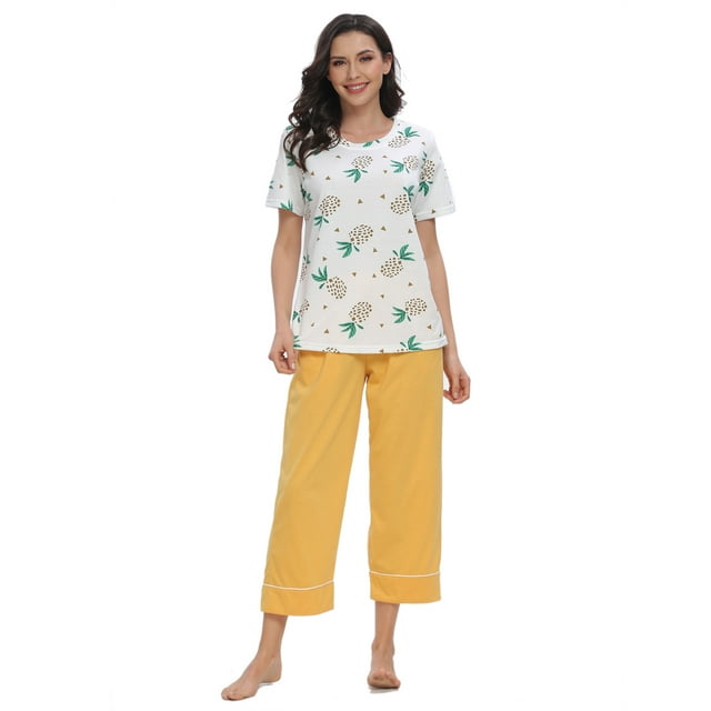 MintLimit Pyjamas à Manches Courtes pour Femmes Set Top et Pantalons Capri Soft Pjs Sets Vêtements de Nuit Multicolores S