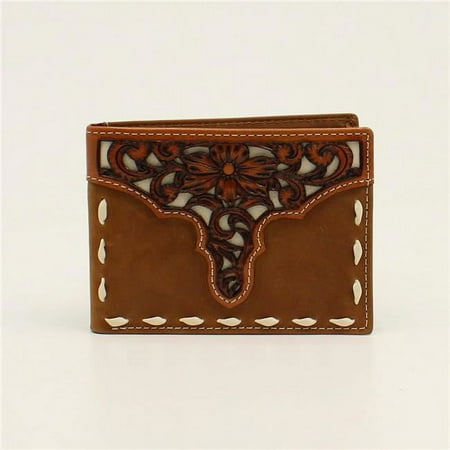 Ariat A3547344 Mens Bifold Removeable Pass Case Tooled Overlay Sketch Money Wallet, Medium Brown