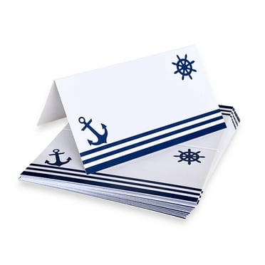 Desert Mercantile Nautical Place Cards - 25 Pack - Nautical Food Cards. Blue Anchor and Captain’s Wheel over Stripes Design, for Dinner Parties, Weddings, Banquets, Cocktail Parties, and Buffets.