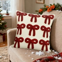 Christmas Throw Pillow Covers Valentine's Day Gift 17.7x17.7 Inches Soft Cozy Plush Square Red Bow Pillowcase With Hidden Zipper Bowknot Embroidered Cushion Covers For Sofa Bedroom Home Decor