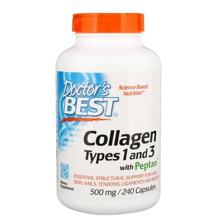 Doctor's Best Collagen Types 1 and 3 with Peptan, Non-GMO, Gluten Free, Soy Free, Supports Hair, Skin, Nails, Tendons and Bones, 500 mg, 240 (The Best Hair Skin And Nails Vitamins)