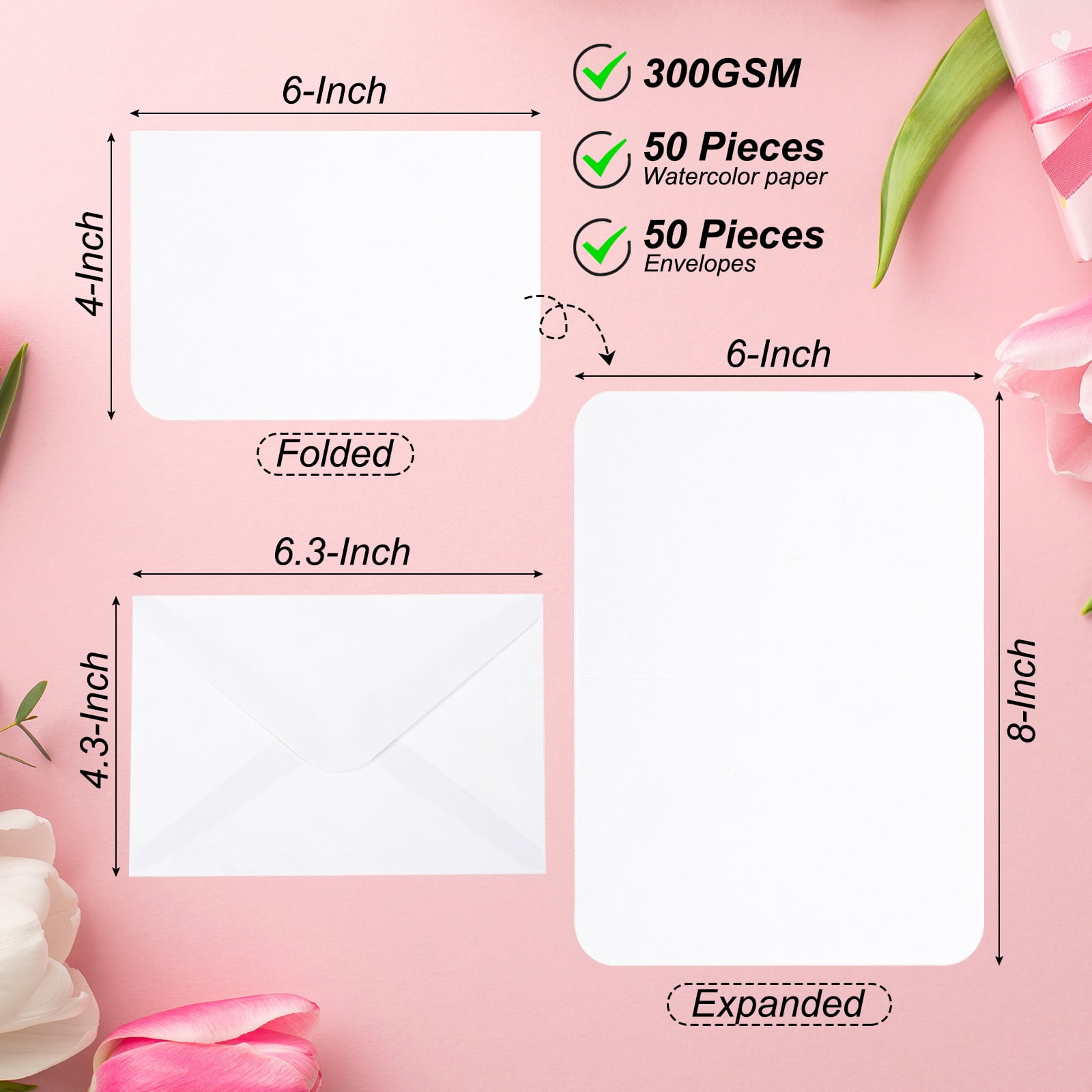 Unique Bargains 50 Sets Cotton Watercolor Cards Paper 140lb/300 GSM Postcards w Envelopes