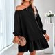 thumbnail image 2 of Vestido de invierno de manga larga con hombros descubiertos dobladillo de encaje empalmado Mujeres encantadoras Vestido suelto con hombros descubiertos Color puro Amigable con la ANGGREK  Otros, 2 of 7