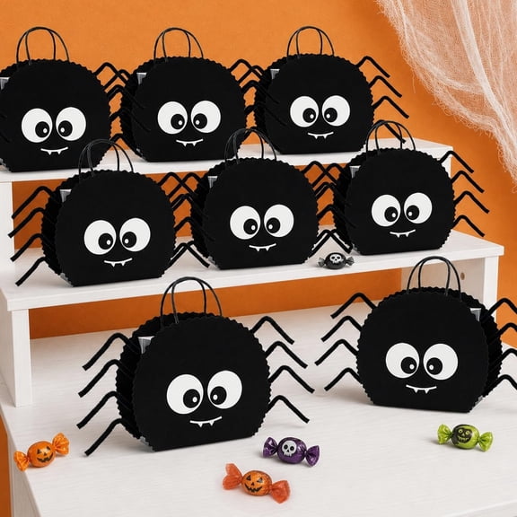 Cheerland 8 Pcs Spider Gift Bag 8 Pack Black Glitter Halloween Goodie Bags with Handles & Pipe Summerween Cute Spooky Party Favors