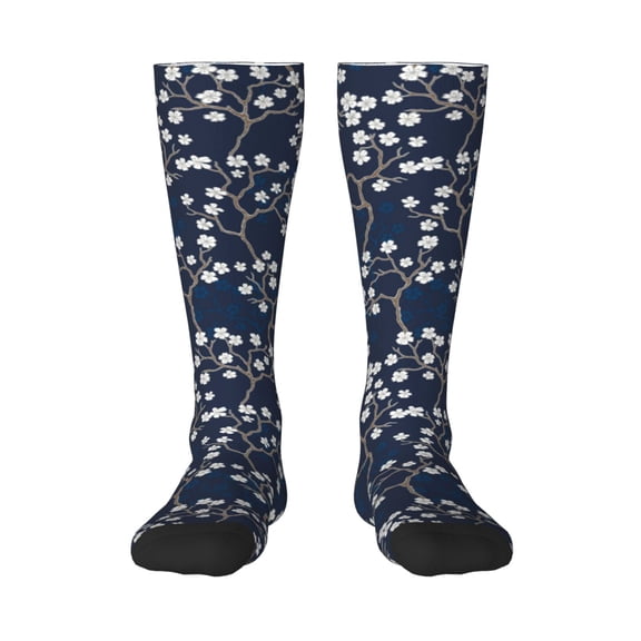 Rateoe Cherry Blossoms on Navy Background Pattern Women’s Knee High Crew Socks,Trouser Socks Comfortable, Breathable, Moisture-Wicking and Soft