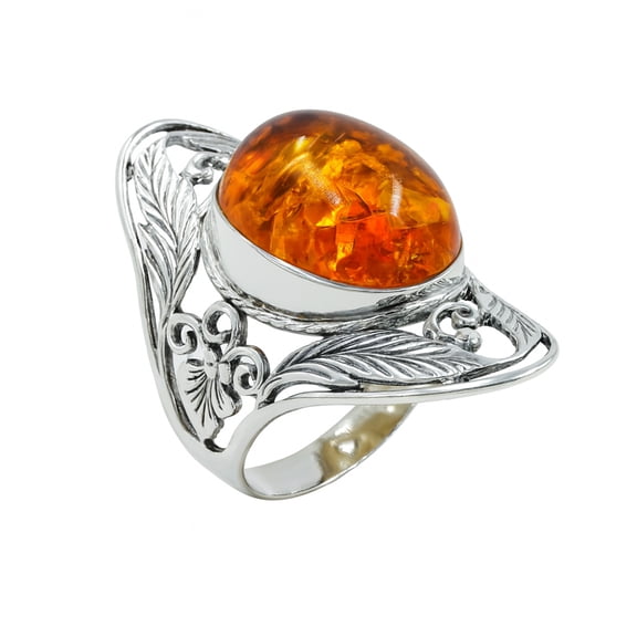 Real 925 Sterling Silver Ring, Genuine Amber Gemstone Finger Rings, Handmade Designer Filigree, Fashion Jewelry for Gifts, Rings for Men Women, Size 7