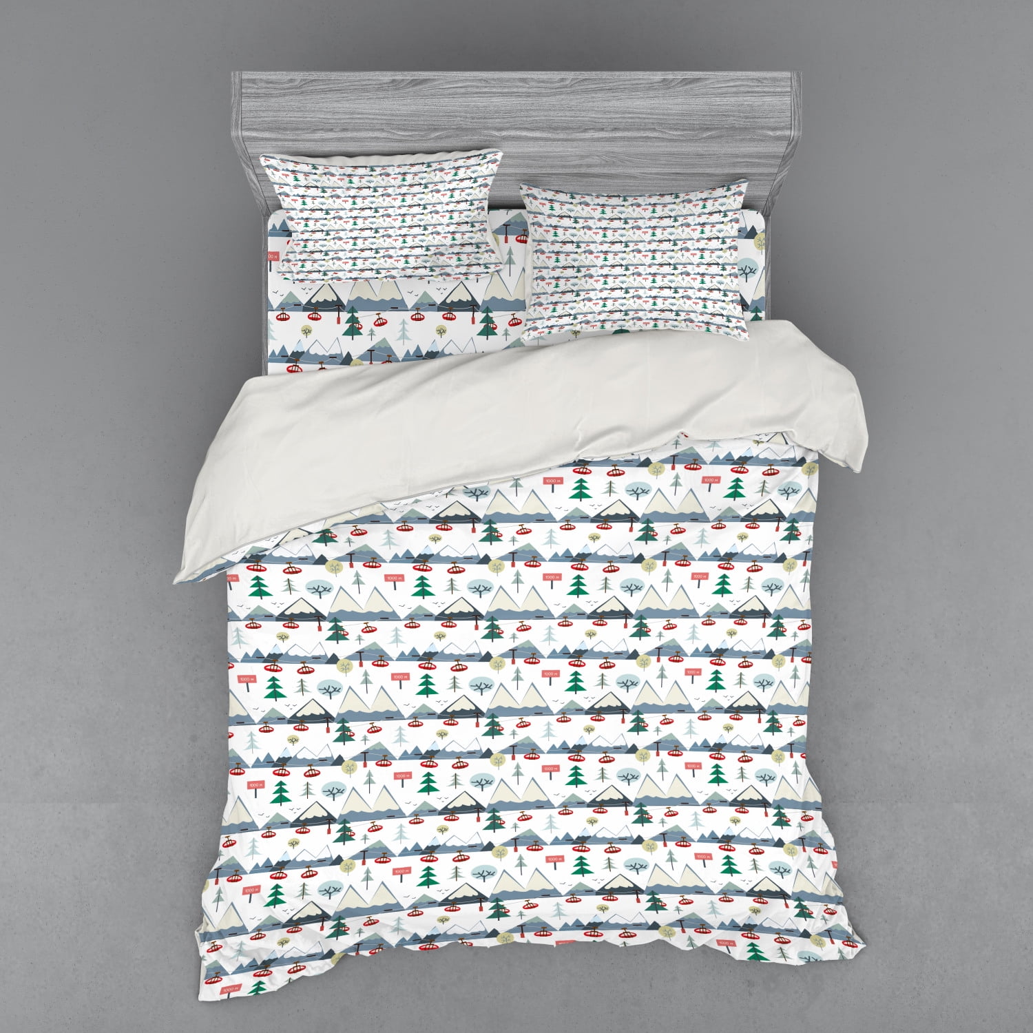 Winter Duvet Cover Set, Snow Capped Mountains Trees and Elevators Ski