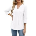 thumbnail image 4 of HAPIMO Women's Trendy Loose Eyelet Tops Dressy Tunic Summer Tees 3/4 Sleeve for Teen Girls V Neck Pullover Elegant Casual Relaxed Blouses Solid Color Hollow White, 4 of 6