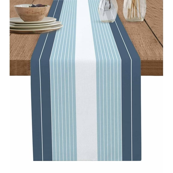 ERUNPONLY Haze Blue Aqua Stripe Table Runner - 108 Inch Long Modern Art Horizontal Striped Cotton and Linen Blended Dress Scarves Farmhouse Table Runner for Kitchen Dining, Coffee Table, 13" x 108"