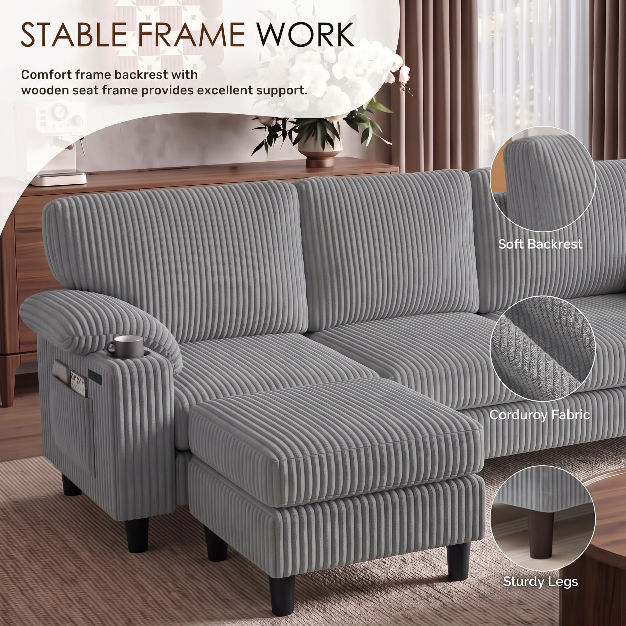 Xiweot 80" L Shaped Sectional Sofa, 3 Seater Convertible Couch with Storage Ottoman, Charging Ports & Cup Holders, Corduroy Comfy Upholstered Sofa for Living Room Apartment, Light Gray