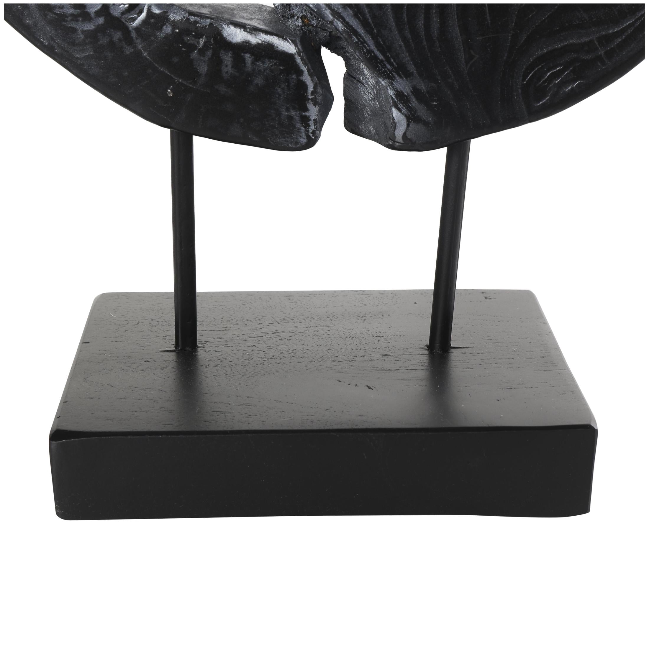 14" x 19" Black Teak Wood Circular Cutout Abstract Sculpture with Natural Wood Grain Patterns and Black Base, by DecMode
