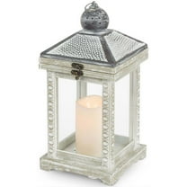 Gerson 44234 - 13.8" Wood/Metal Battery Operated LED Lantern with Timer (6.7"L x 6.7"W x 13.78"H White Brushed Wood Lantern)