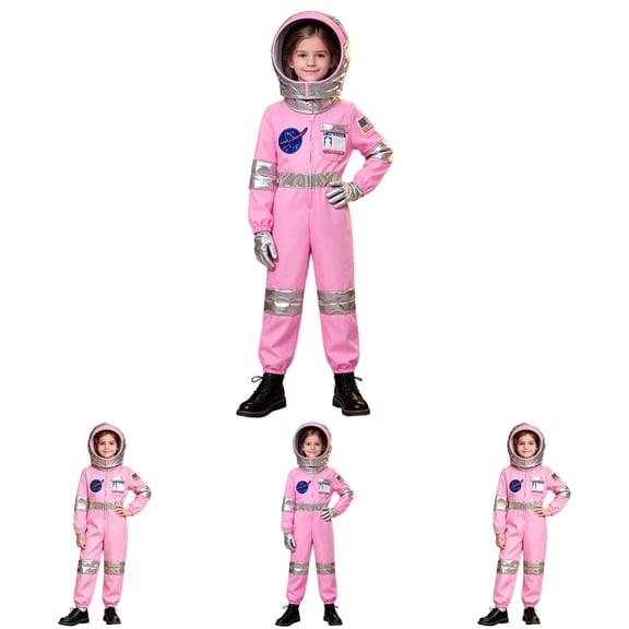 Pandaie Kids Astronaut Costumes America Spacesuit for Boys Girls Metallic Pink Space Themed Jumpsuit Set with Gloves Hat 3-4 Years