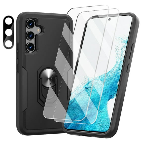 Aggxpf Samsung A54 5G Case Screen Protector Pack Camera Lens Protector, Rugged Phone Cover with Ring Stand, Black