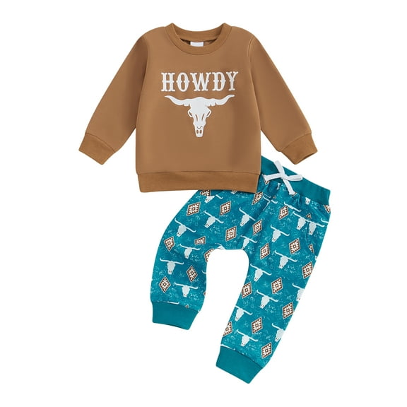 Baby Toddler Boy Fall Western Outfit 0 6 12 18 24 Months 2T 3T Cow Head Print Long Sleeve Sweatshirt and Elastic Pants 2 Piece Clothes
