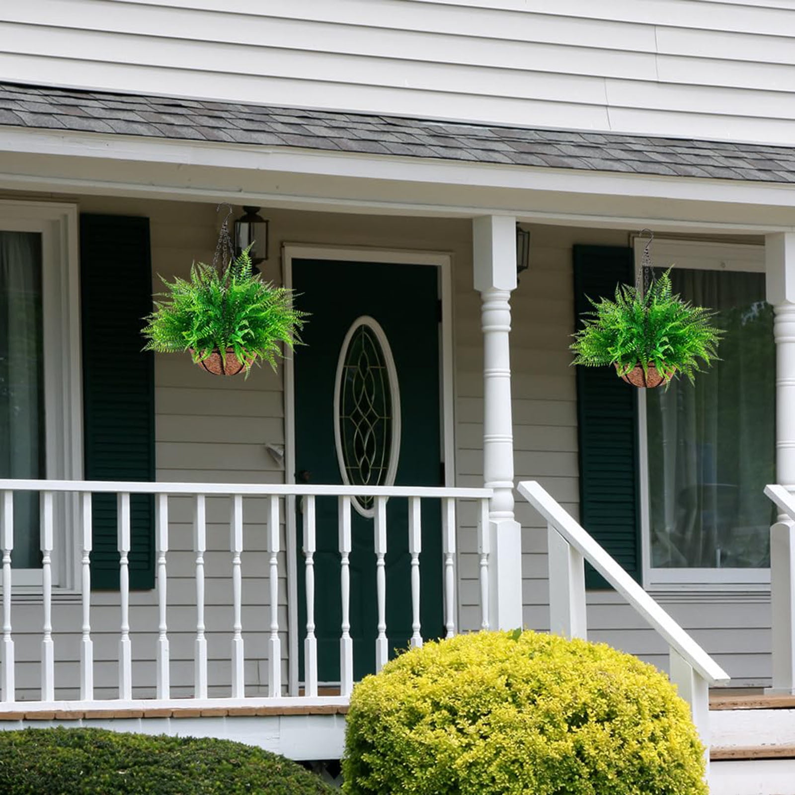 3 Set Artificial Hanging Outdoor Hanging Ferns Planter, UV Resistant Fern Basket for Outdoors Patio Garden Home Decor (Green)
