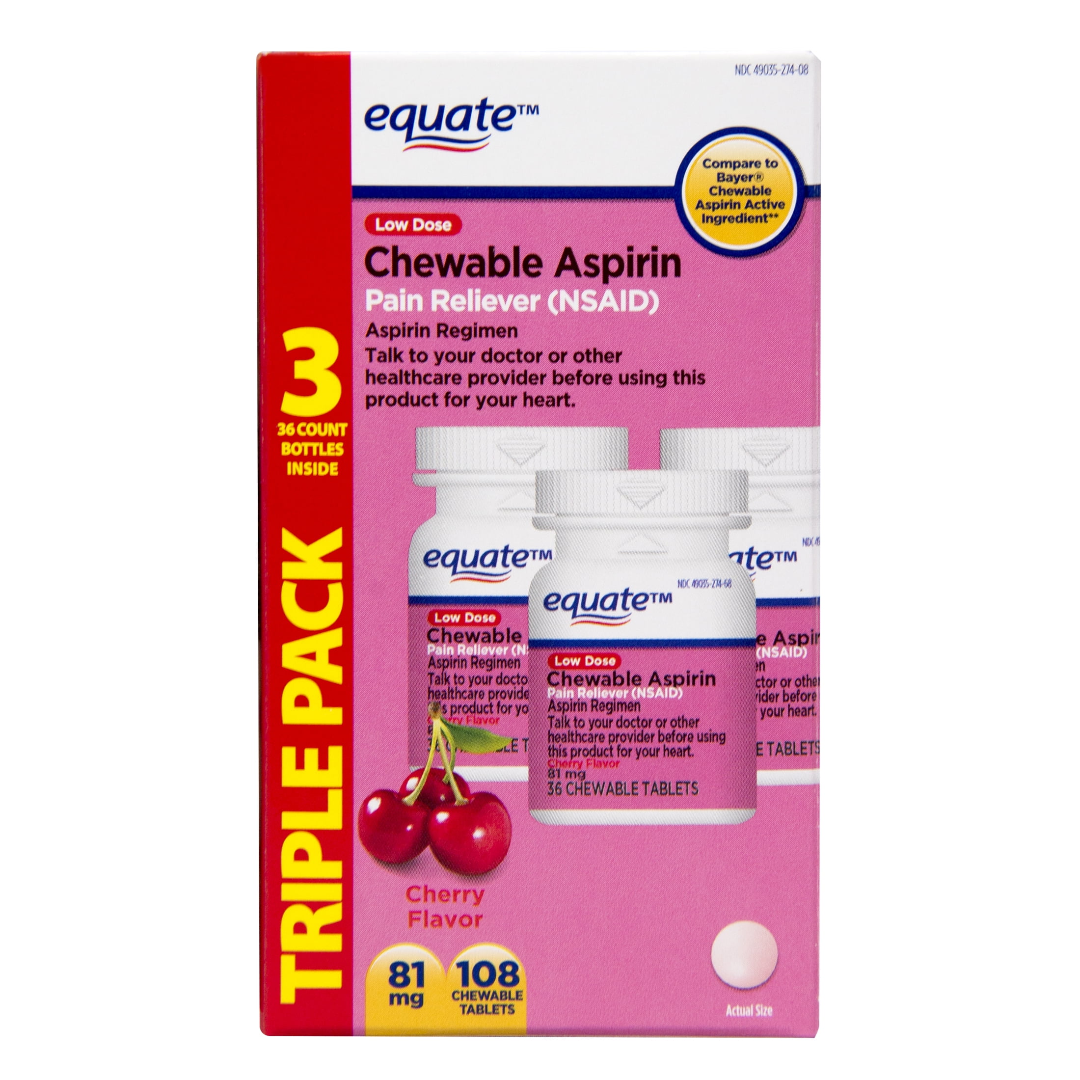 Equate Low Dose Chewable Aspirin 81 mg Tablets, Cherry Flavor, 36 Count, 3 Pack