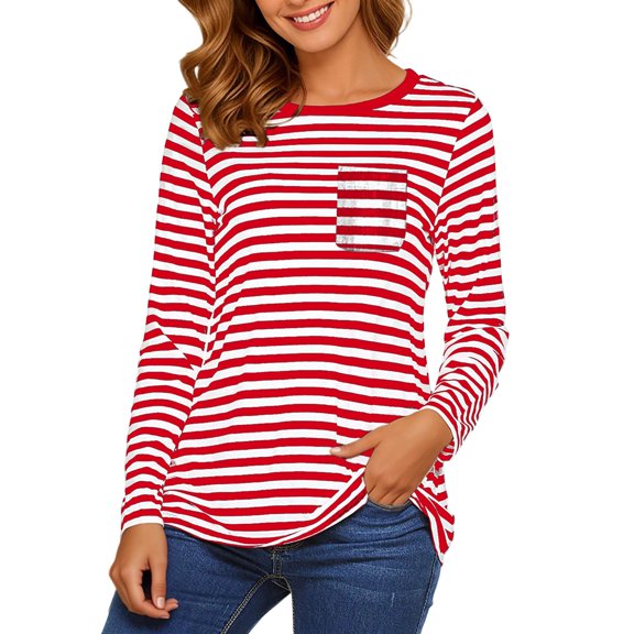 Wang6 Womens Long Sleeve Striped Tshirts Shirts Causal Loose Fit Going out Tops Crew Neck Graphic Tunic Tees with Pocket Red XL