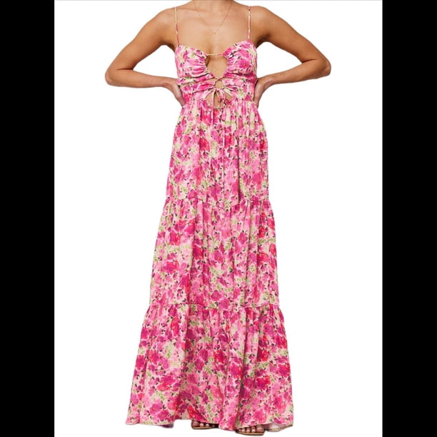 Vestido de Verano con Estampado Floral para Mujer, con Tirantes Finos, Aberturas y Lazo en la Parte Delantera, Holgado, Estilo Bohemio. Rosa XL